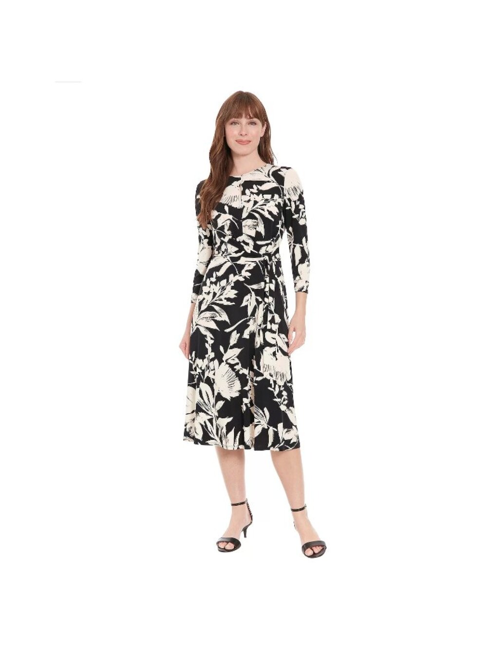 London Times Fit & Flare Dress Size 12 Floral Side Tie 3/4 Sleeve Corporate Chic
